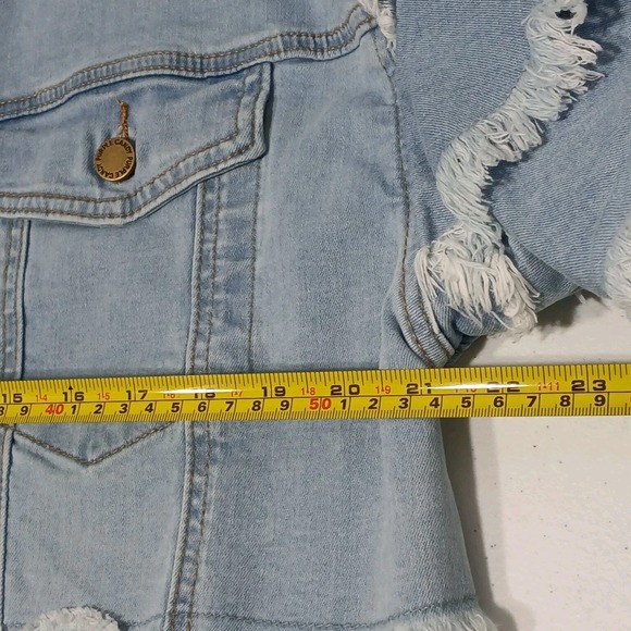 Tiered Ruffle Sleeve Cropped Denim Icy Blue Boho Jean Jacket Wms Large - Picture 13 of 15